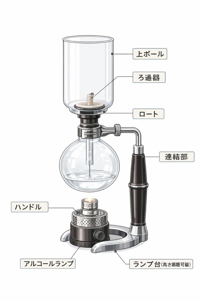 サイフォンコーヒー器具の各部名称と構造図（siphon coffee parts）

